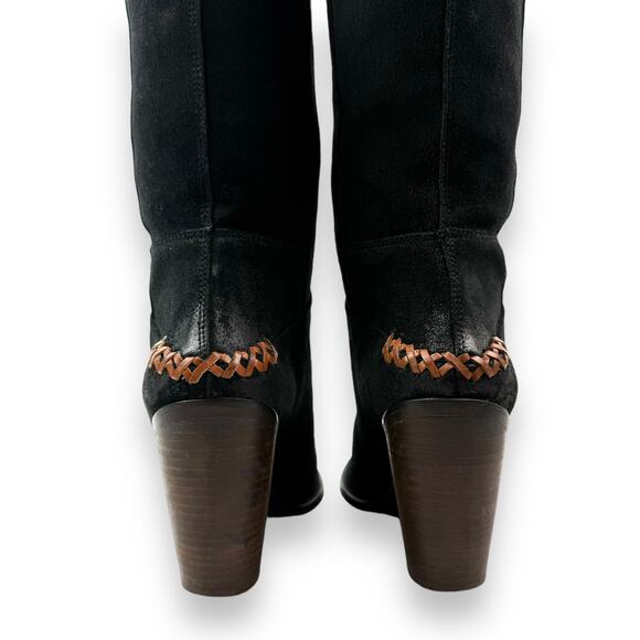 FREE PEOPLE knee high black suede riding boots with braided leather trim - Picture 12 of 16